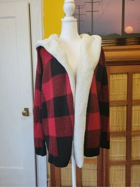 Red and Black Knit Hooded Cardigan with Cream Sherpa Trim
